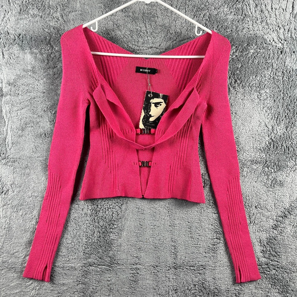 MISBHV Knitted Cardigan Sweater Womens XS Pink Ribbed Long Sleeve Clasp Front